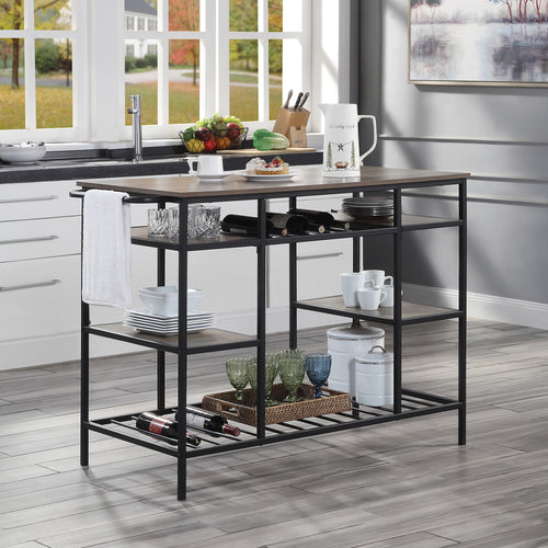 Lona Kitchen Island - Powder-Coated Metal Frame & 6 Open Shelves in Rustic Oak & Black