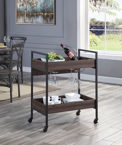 Jerrick Industrial Serving Cart - 2 Tiers, Cup Holder & Casters in Walnut & Black