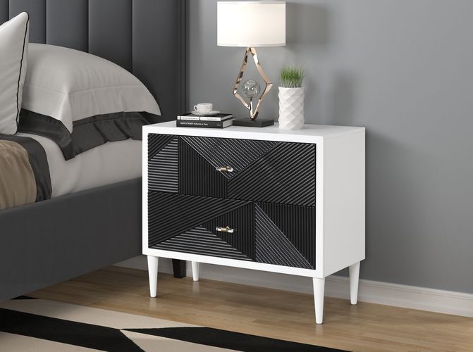 Dubni Accent Table - Geometric Pattern Drawers & Turned Legs in White & Black