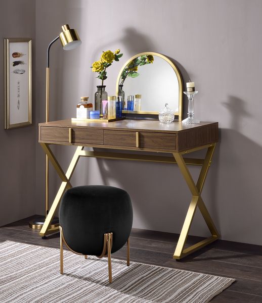 Coleen Vanity Desk - Mirror & Jewelry Tray with Gold Metal Frame in Walnut, White, Pink or Black