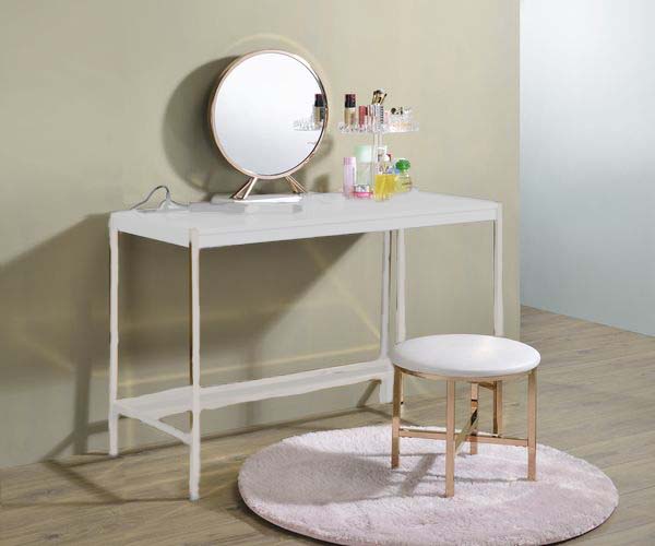 Midriaks Vanity Mirror & Stool Set - Round Mirror with Gold Frame & White Padded Seat