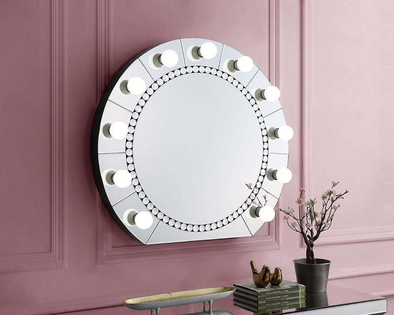 Farai Hollywood Accent Mirror - Faux Diamond Inlay with Bulb Sockets, Round or Rectangular