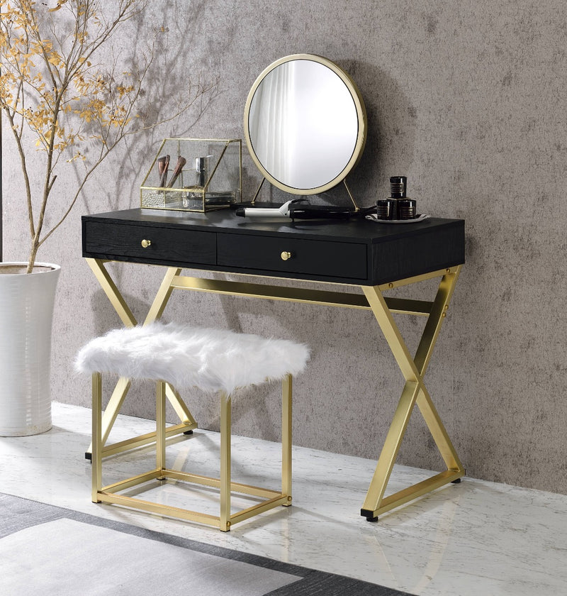 Adao Vanity Mirror & Stool Set - Round Mirror on Stand & Faux Fur Stool in Black, White or Pink