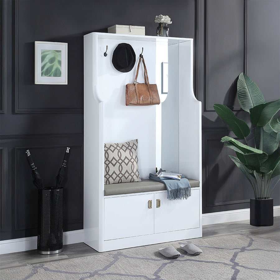 Buck II Hall Tree - Mirror, Padded Bench Seat, Hooks & Cabinet Storage in White High Gloss