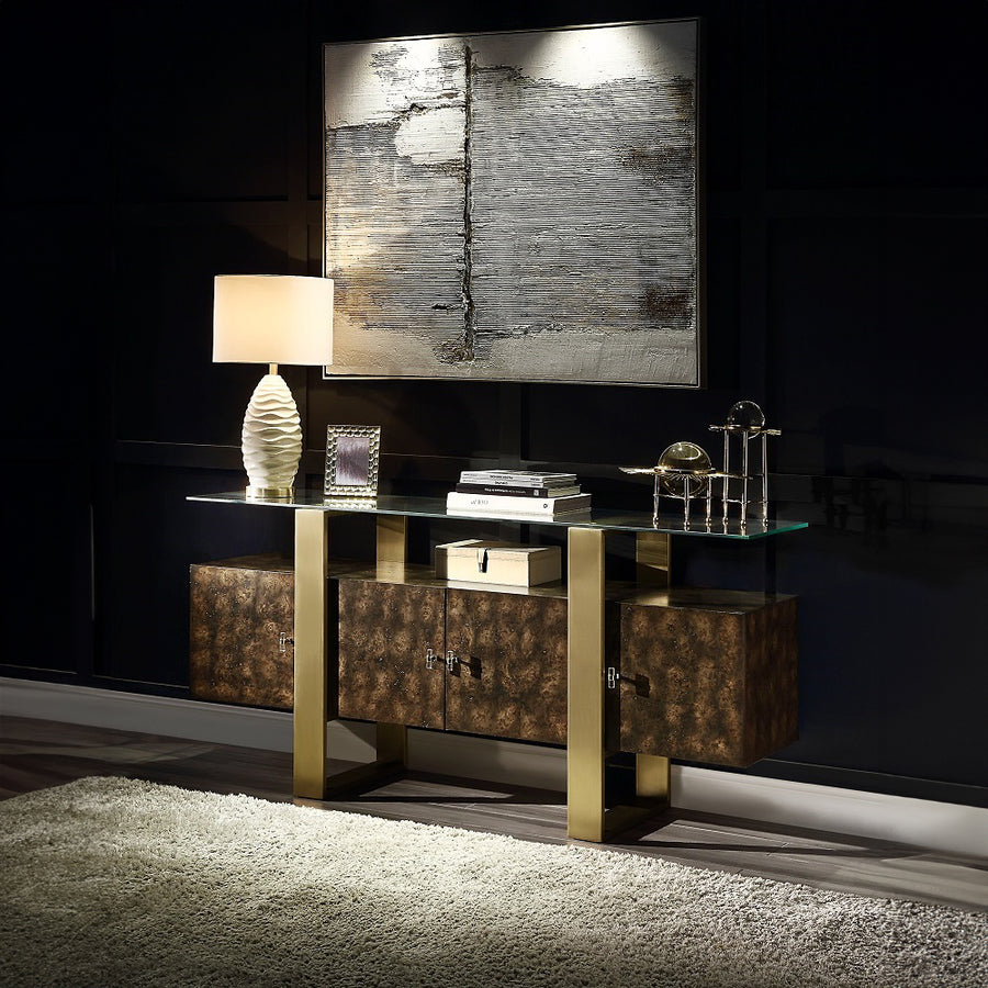 Mabyn Glass-Top Console Cabinet - Brass Metal Base, 4 Doors & 2 Drawers in Antique Brown