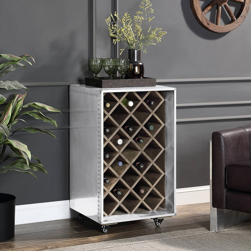 Raini Rolling Wine Cabinet - Patchwork Aluminum with 23-Bottle Rack