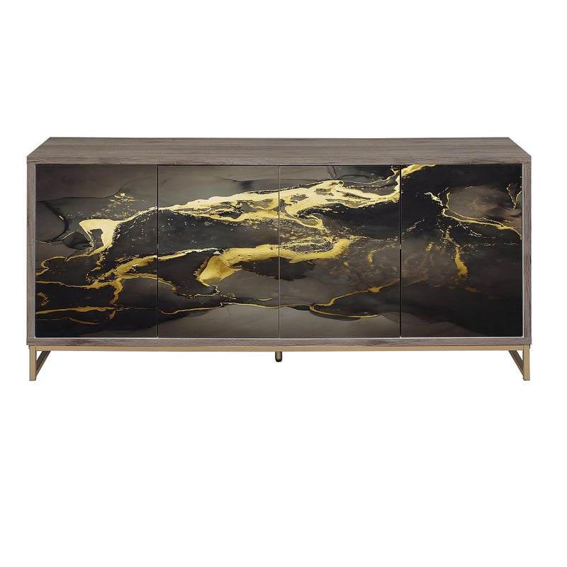 Payo 4-Door Console Cabinet - Faux Marble Doors & Champagne Base in Black & Oak