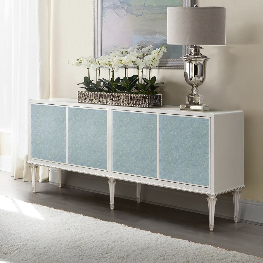 Ansaldo Console Cabinet - Paisley Glass Doors & Floral Legs in Pearl White & Silver Shimmer