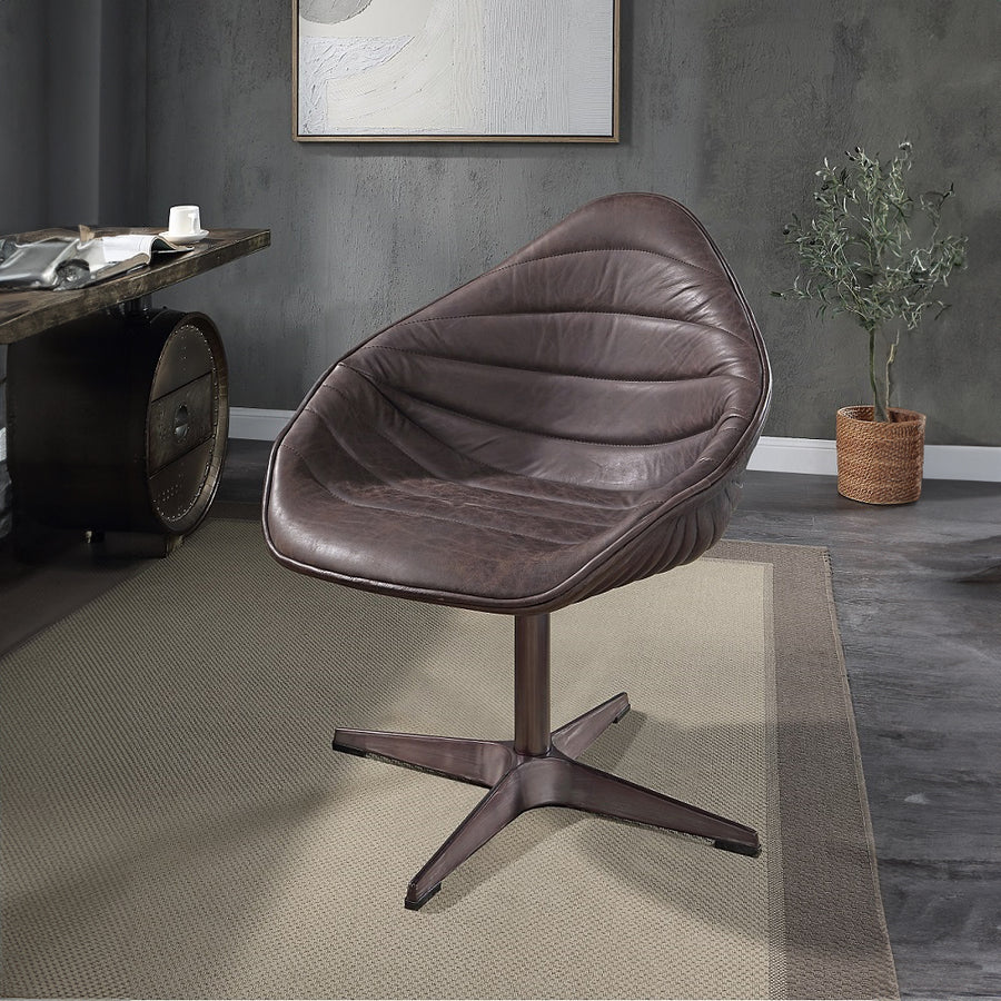 Pipino Swivel Accent Chair - Contoured Seat in Antique Ebony Top Grain Leather