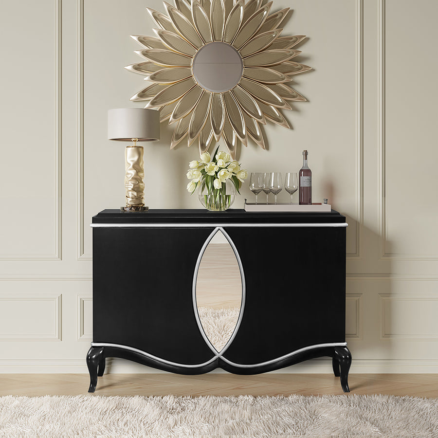 Ashor Console Cabinet - Mirror Trim Inlay & 2-Door Storage in Black