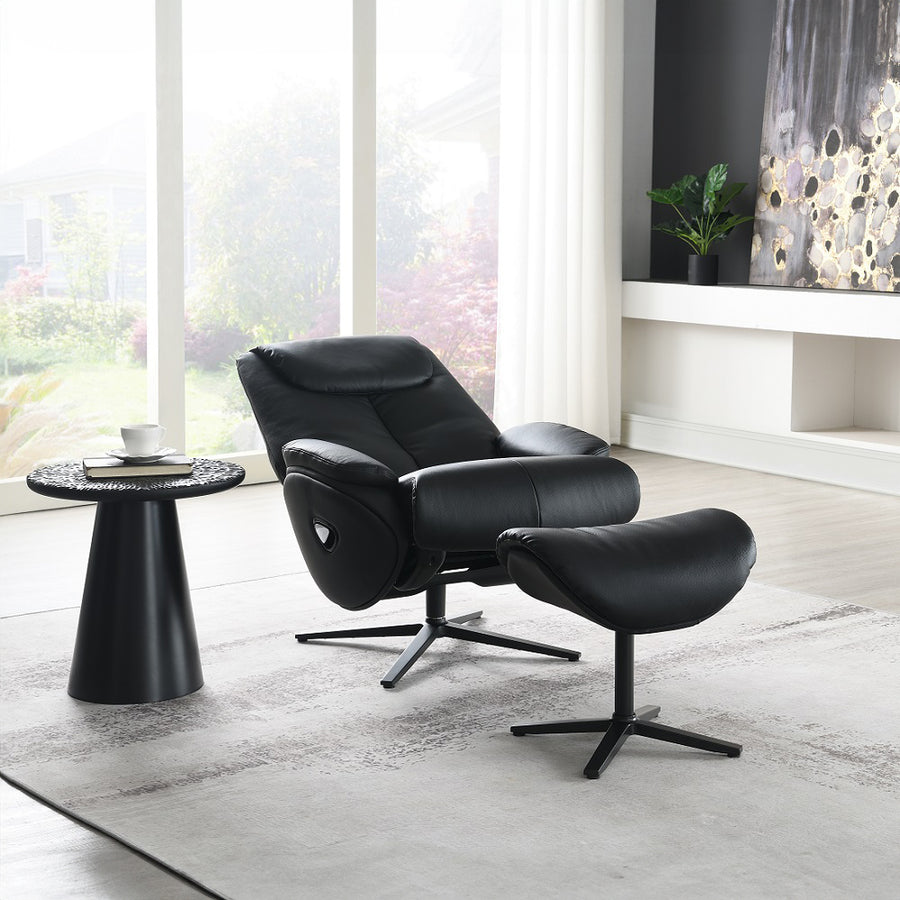 Labonita Swivel Accent Chair & Ottoman - Pocket Coil Seat in Black Top Grain Leather