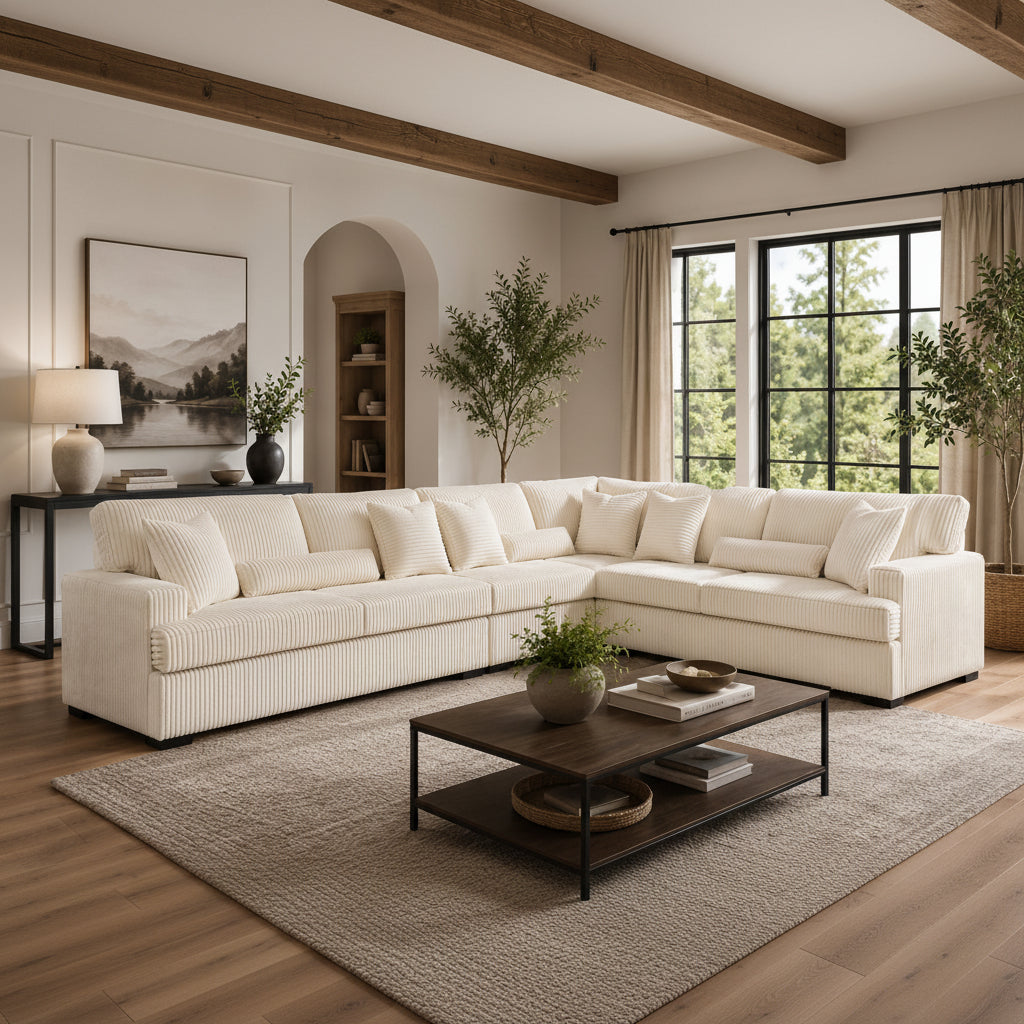 A large cream sectional sofa in a modern, sunlit living room with wood ceiling beams, a dark wood coffee table, and a textured beige rug.