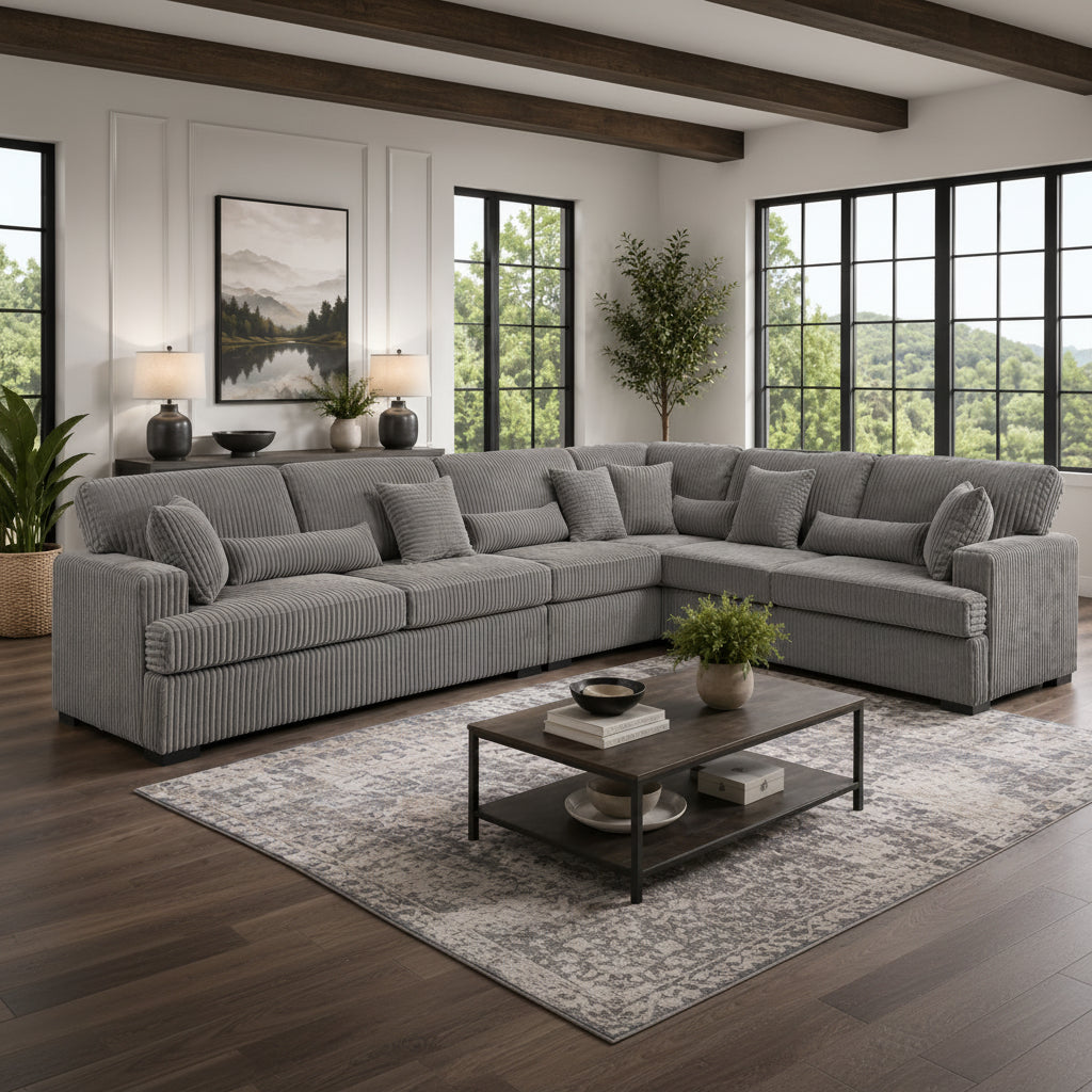 Gray sectional sofa in a living room with large windows and decor.
