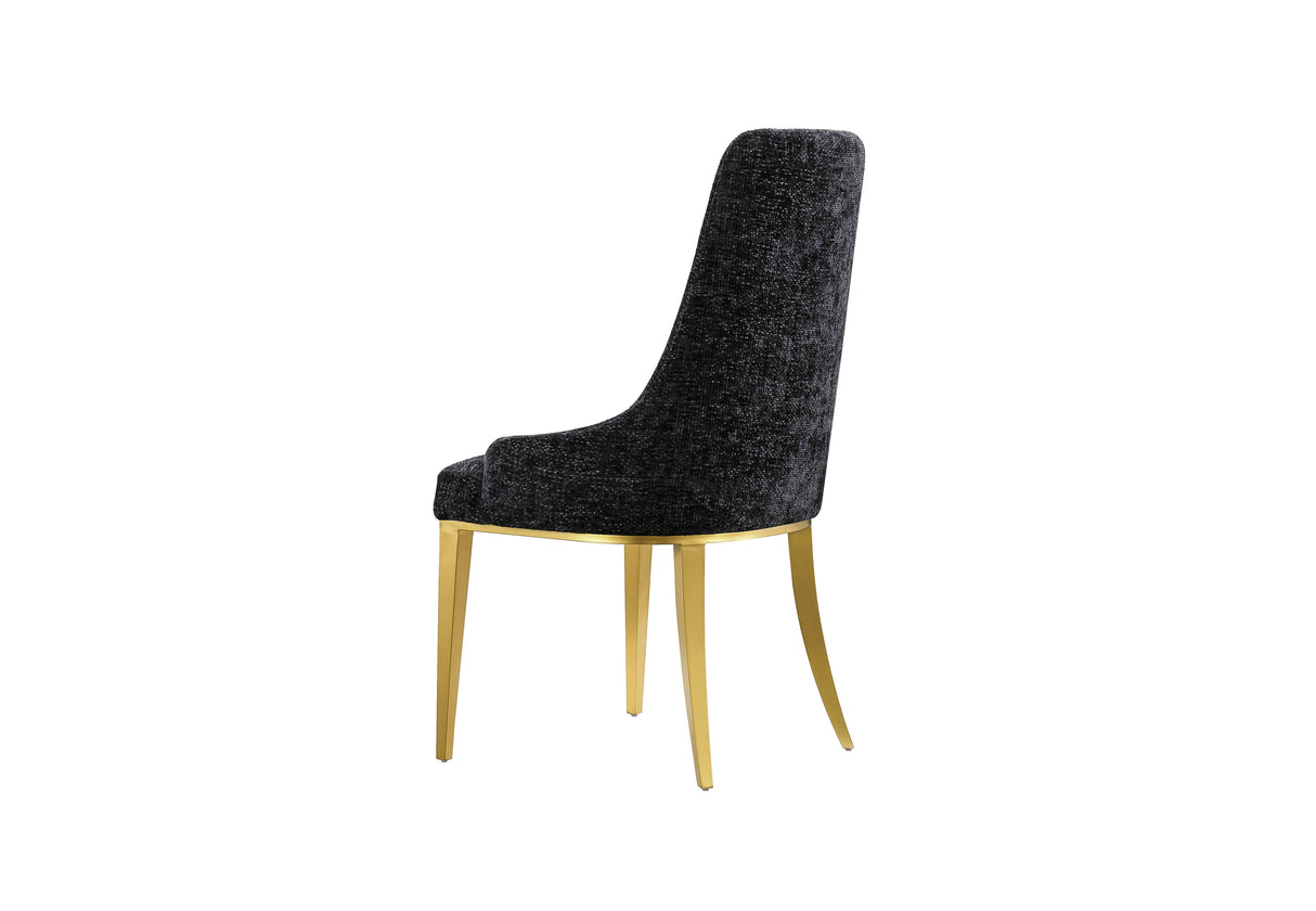 Side profile of Stylus contemporary dining chair showing the curved silhouette and flared gold legs.