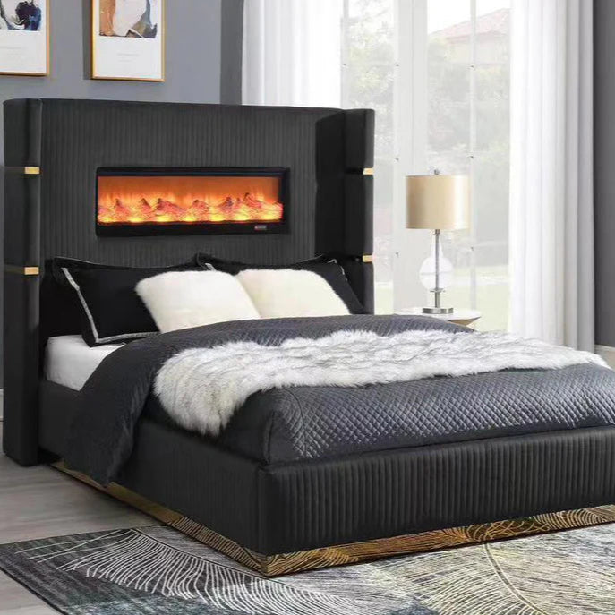 Raul Queen & King Ribbed Velvet Bed with Built-In Fireplace