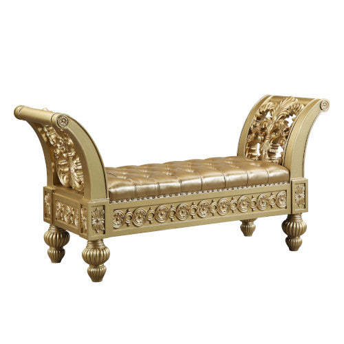 Seville Bench & Mirror - Hollow Carved Scrolls & Button Tufting in Gold
