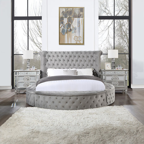 Gaiva Queen Storage Bed - Button Tufted Gray Velvet with Nailhead Trim & Storage Bench Footboard