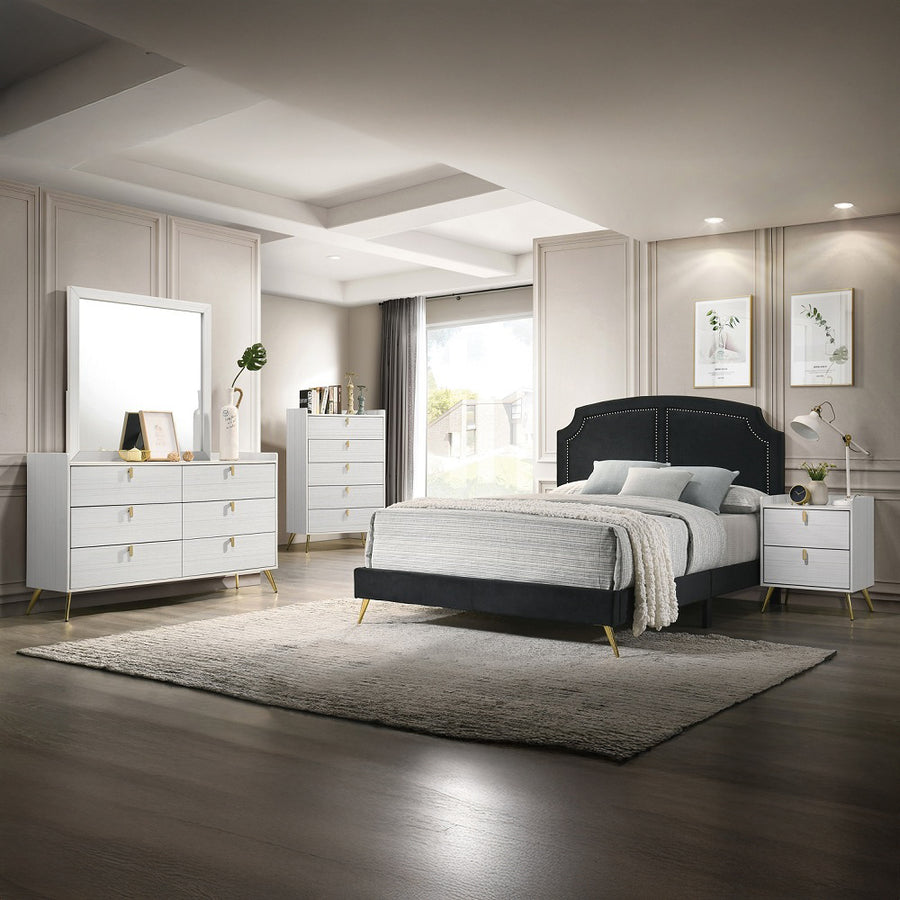 Zeena Eastern King Upholstered Bed - Gold Nailhead Trim & Metal Legs in Black Velvet