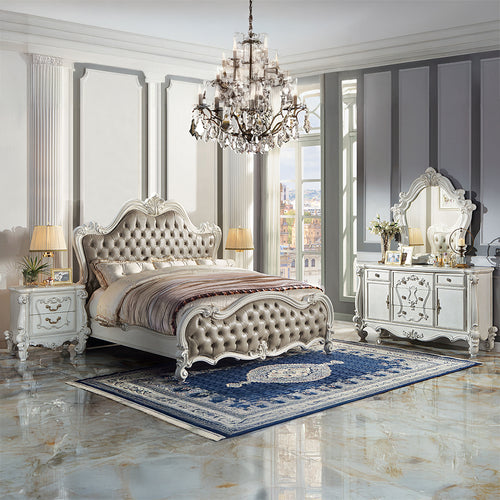 Versailles II Upholstered Bed - Button-Tufted Leatherette with Carved Scrollwork in Bone White or Antique Platinum