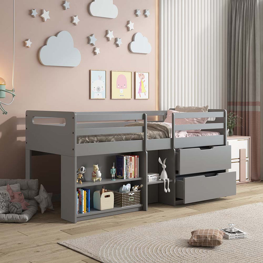 Fabiana Twin Loft Bed - Low Profile with 2 Drawers & Open Storage in Gray
