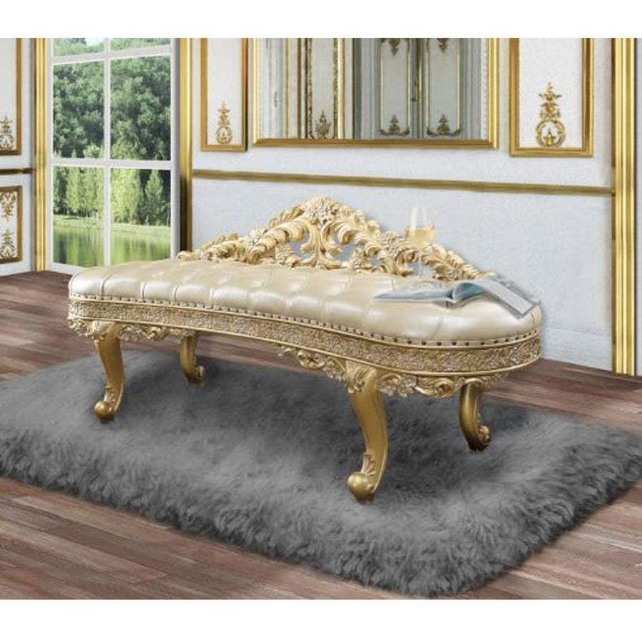 Cabriole Carved Mirror & Bench - Floral Leaf Motifs in Gold with Light Gold Faux Leather