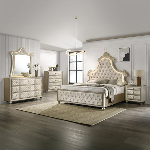 Lucienne LED Wall Mirror - Upholstered Crown Frame with Nailhead Trim in Beige Velvet