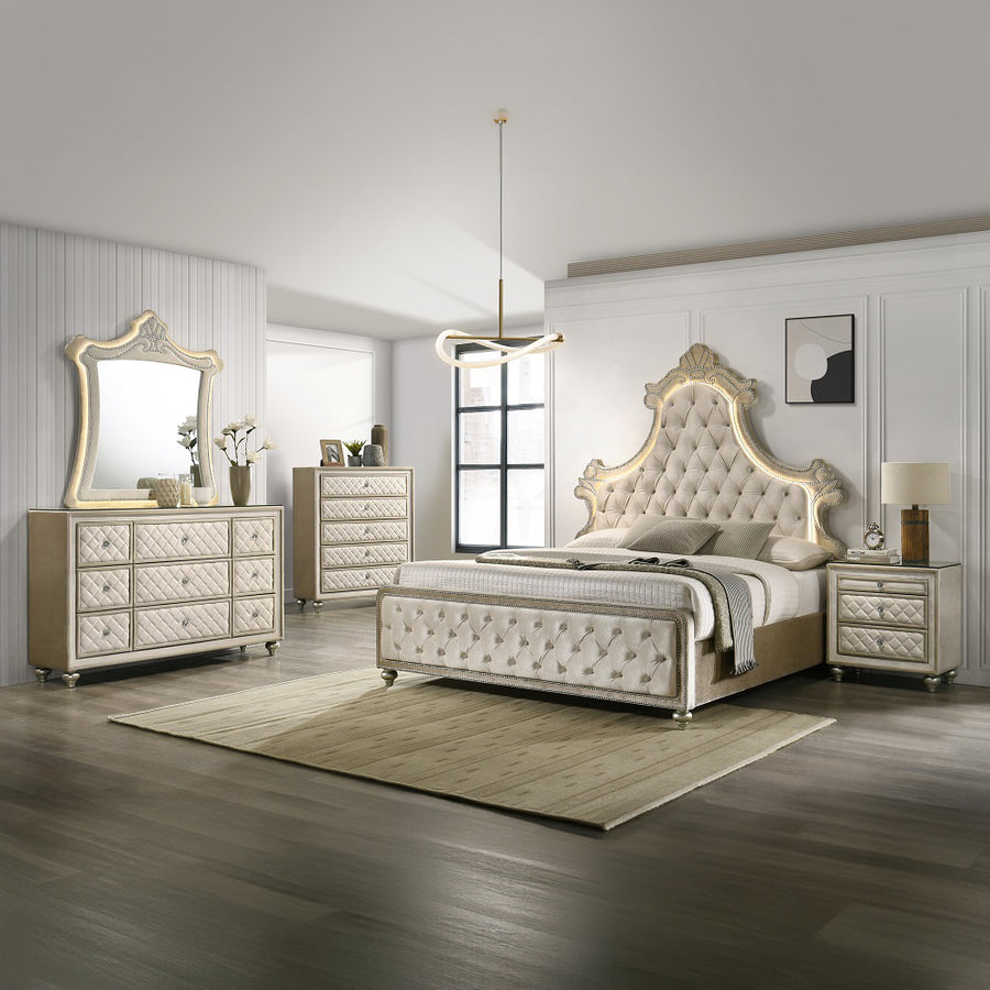 Lucienne LED Wall Mirror - Upholstered Crown Frame with Nailhead Trim in Beige Velvet