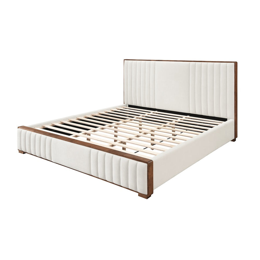 Kaleea Channel-Tufted Upholstered Bed - Beige Chenille with Walnut Frame