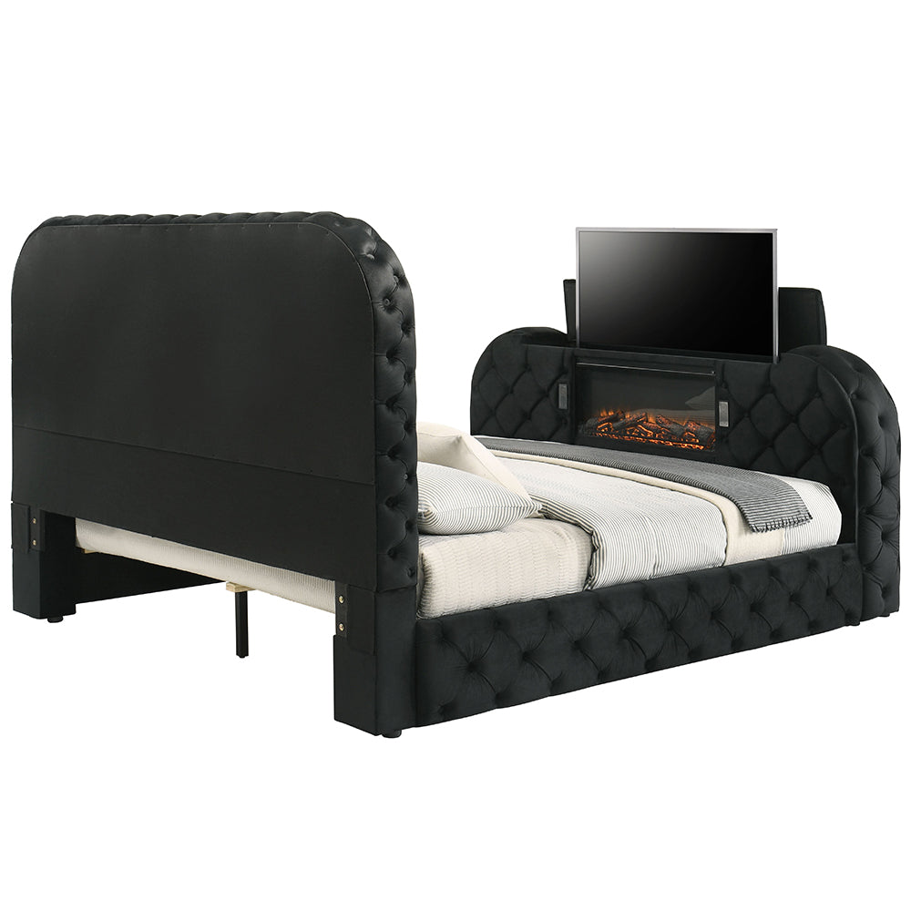 Kana Velvet Smart Bed with LED Headboard, Fireplace & Lift TV Stand
