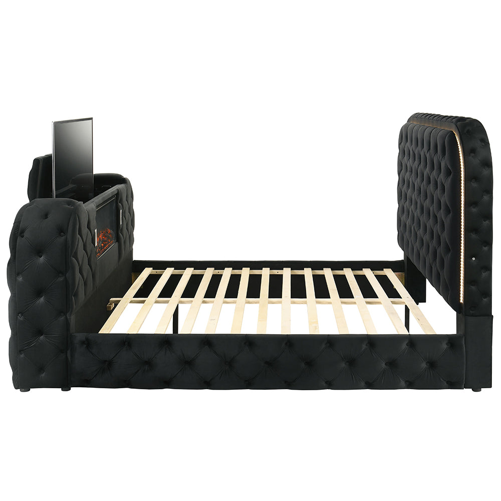 Kana Velvet Smart Bed with LED Headboard, Fireplace & Lift TV Stand