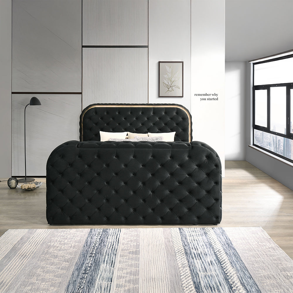 Kana Velvet Smart Bed with LED Headboard, Fireplace & Lift TV Stand