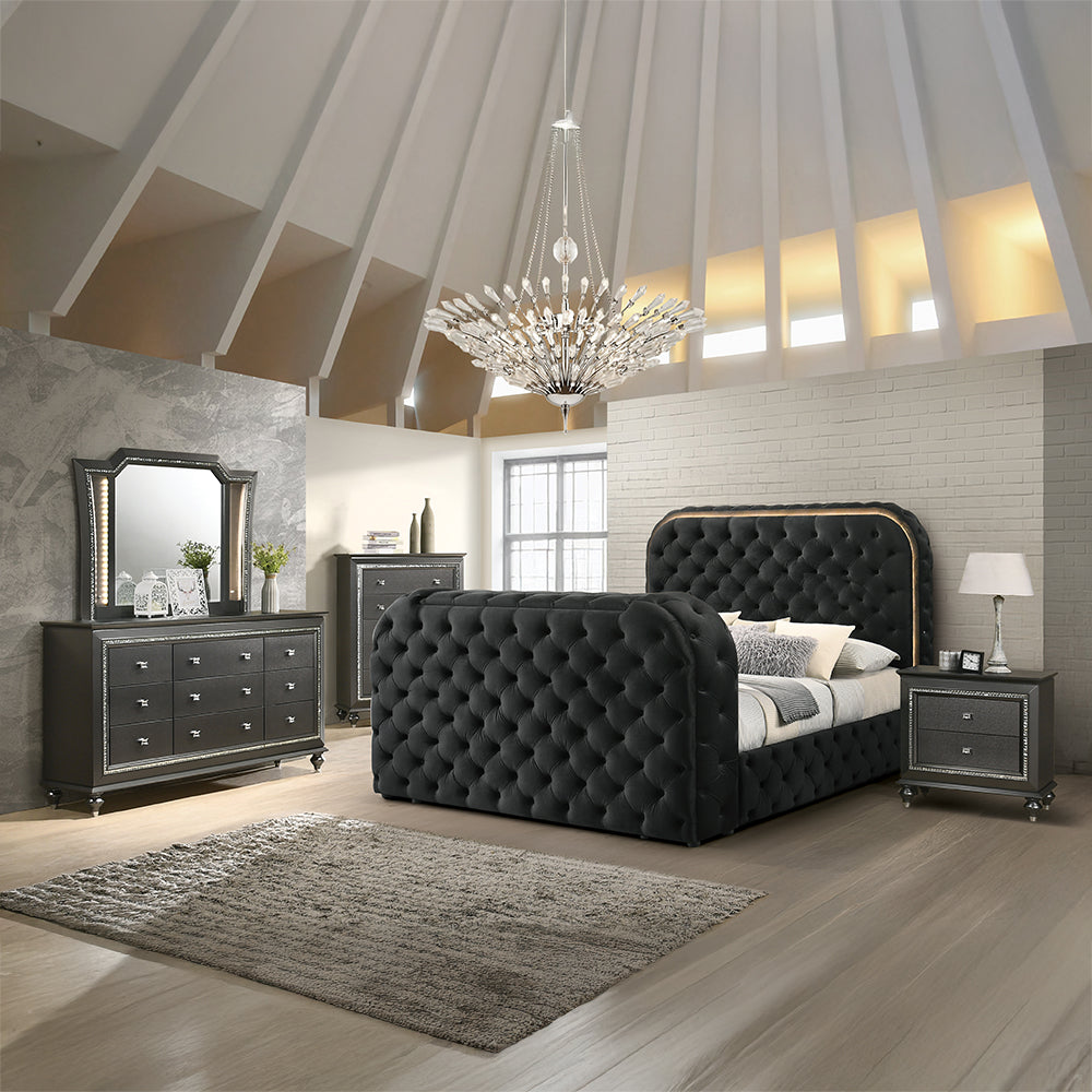 Kana Velvet Smart Bed with LED Headboard, Fireplace & Lift TV Stand