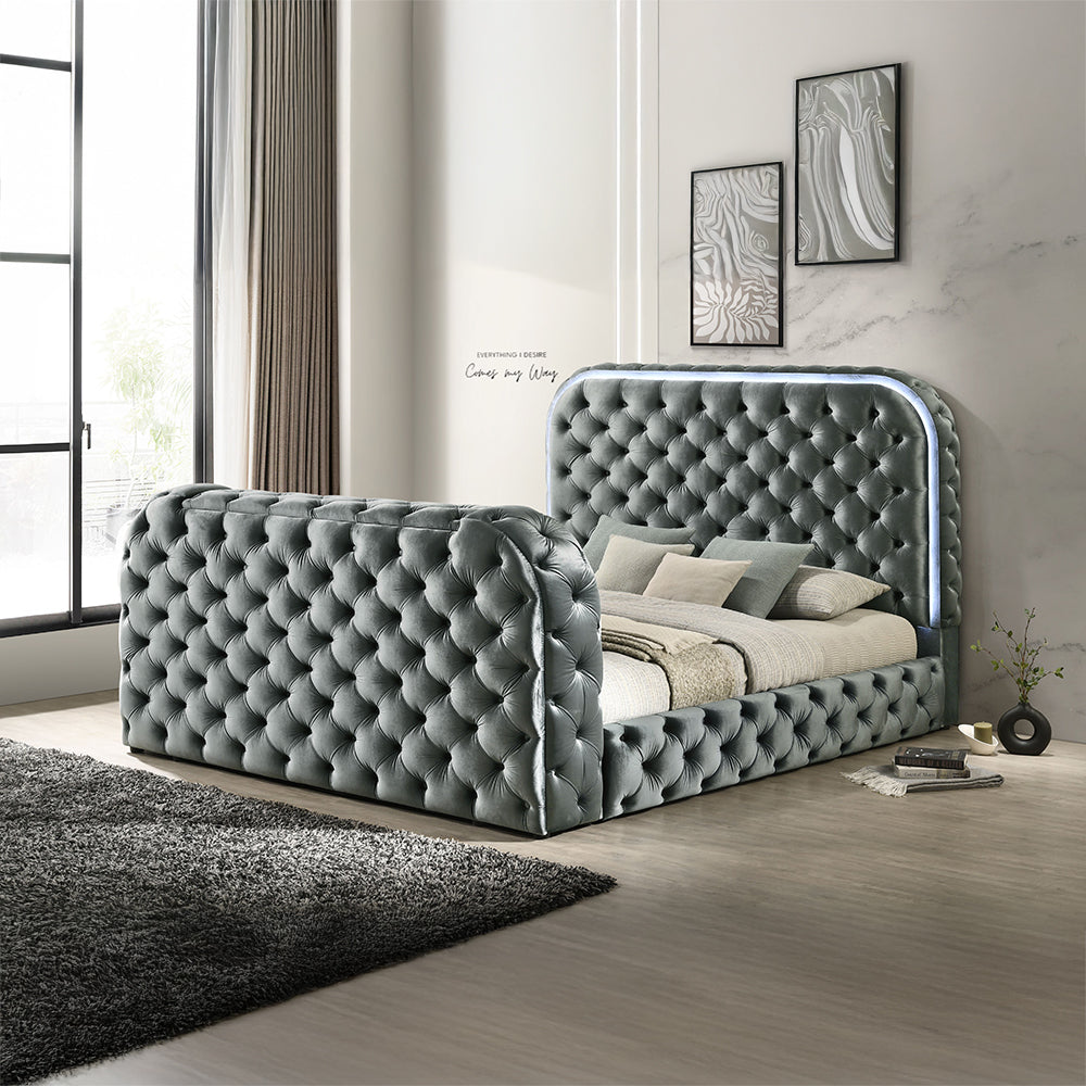 Kana Velvet Smart Bed with LED Headboard, Fireplace & Lift TV Stand