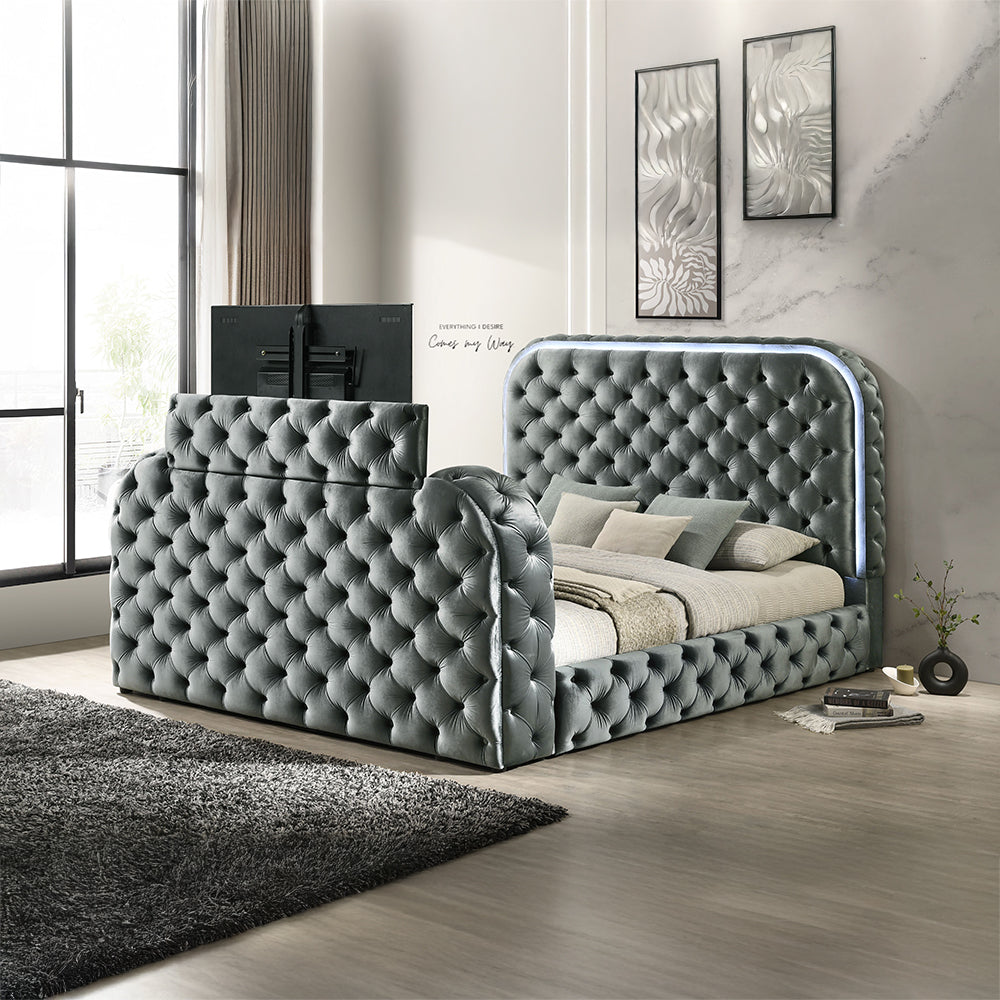 Kana Velvet Smart Bed with LED Headboard, Fireplace & Lift TV Stand