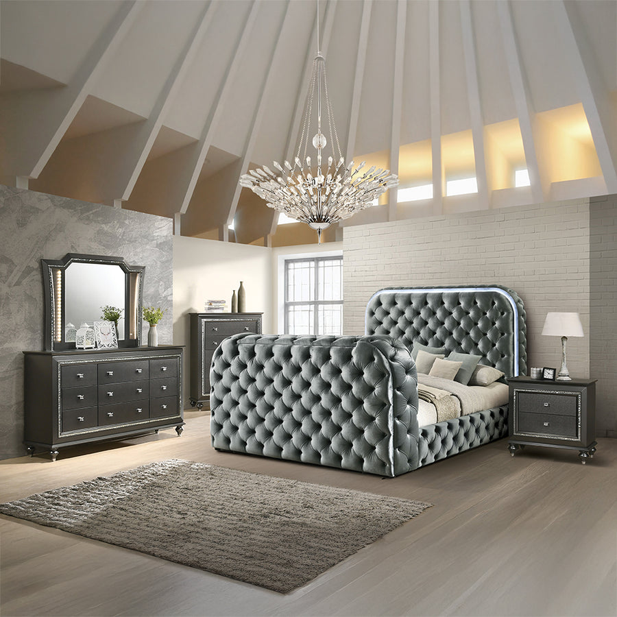 Kana Velvet Smart Bed with LED Headboard, Fireplace & Lift TV Stand - Button Tufted in Black or Gray