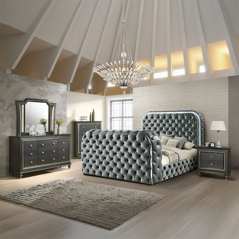 Kana Velvet Smart Bed with LED Headboard, Fireplace & Lift TV Stand - Button Tufted in Black or Gray