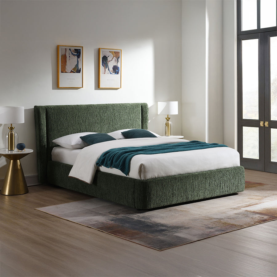 Cheryl Upholstered Full Bed - Padded Headboard & Footboard in Dark Green Chenille
