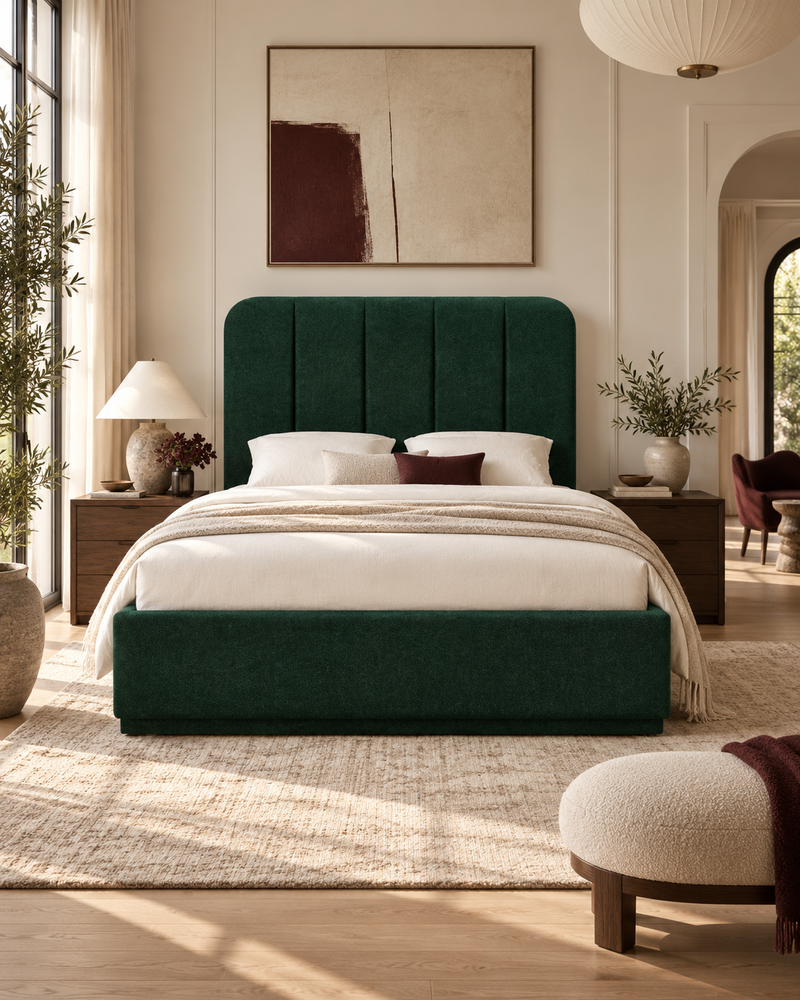Parker Upholstered Bed with Vertical Channeled Headboard - Modern Minimal Chenille Linen Blend Bed Frame
