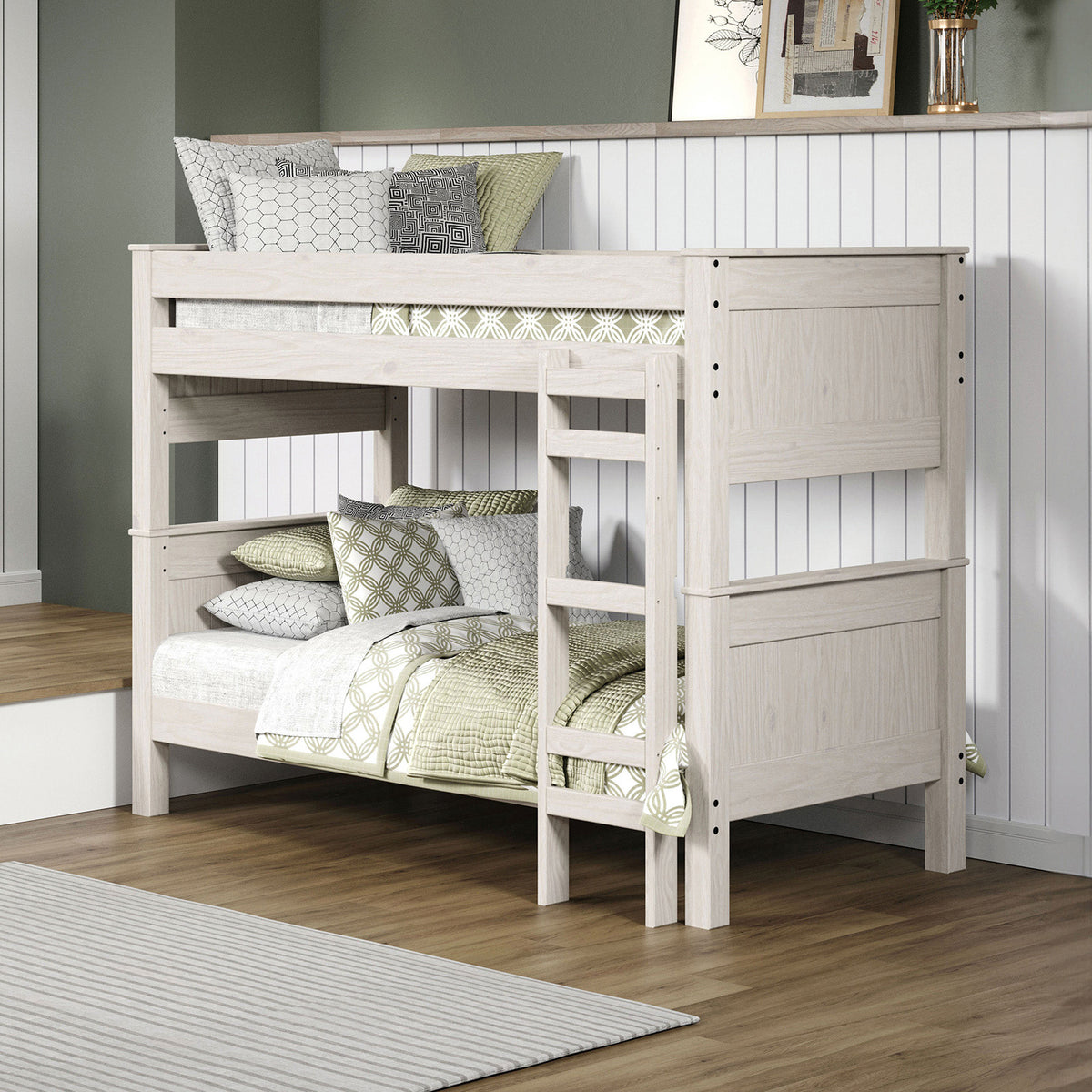 Albani Rustic Twin over Twin Bunk Bed - Splits into 2 Twin Beds, Solid Pine in White - ce2d6fe590d66847291041cb881dc0d3e2b8439c_AM_BK302WH_1_1