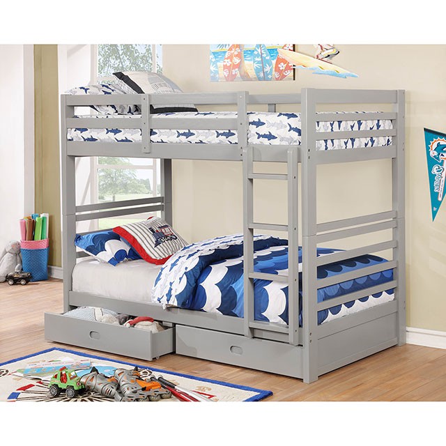 California IV Transitional Wood Bunk Bed with Attached Ladder - Twin over Twin or Twin over Full - cm-bk588t-gy-1