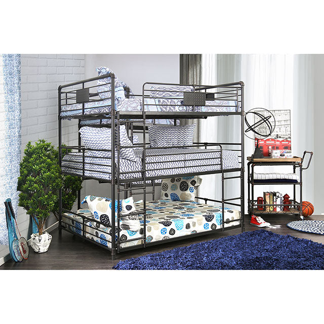Olga Industrial Metal Bunk Beds - Triple Twin, Triple Full, Full over Full or Queen over Queen in Antique Black - cm-bk912f-1
