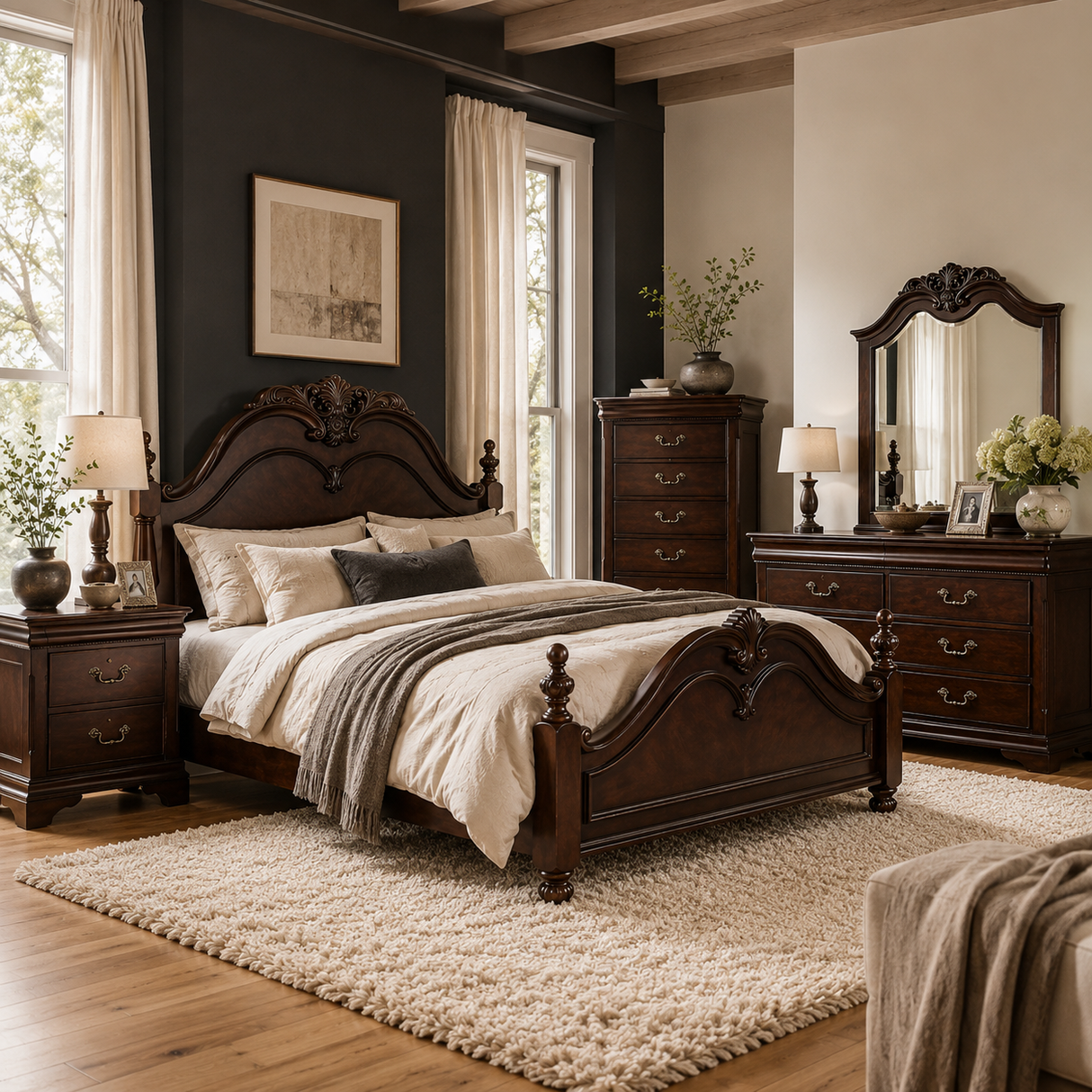 A classic dark wood bed with an ornate carved headboard and footboard, styled in a cozy bedroom with beige and gray bedding, a matching dark wood nightstand, dresser, and mirror.