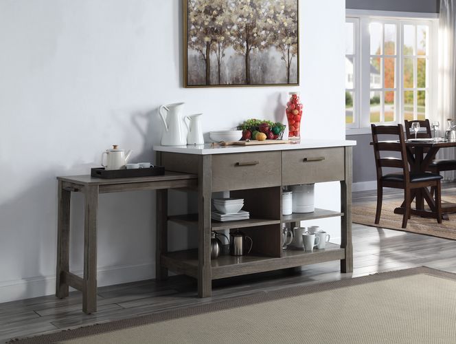 Feivel Kitchen Island with Pull-Out Table - Marble Top & Storage in Rustic Oak