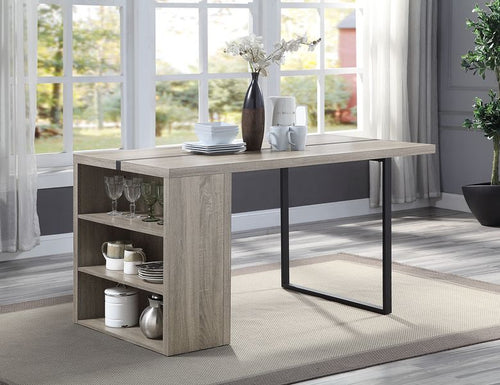 Patwin Compact Dining Table with Built-In Shelves - Metal Inlay Trim in Gray Oak & Black