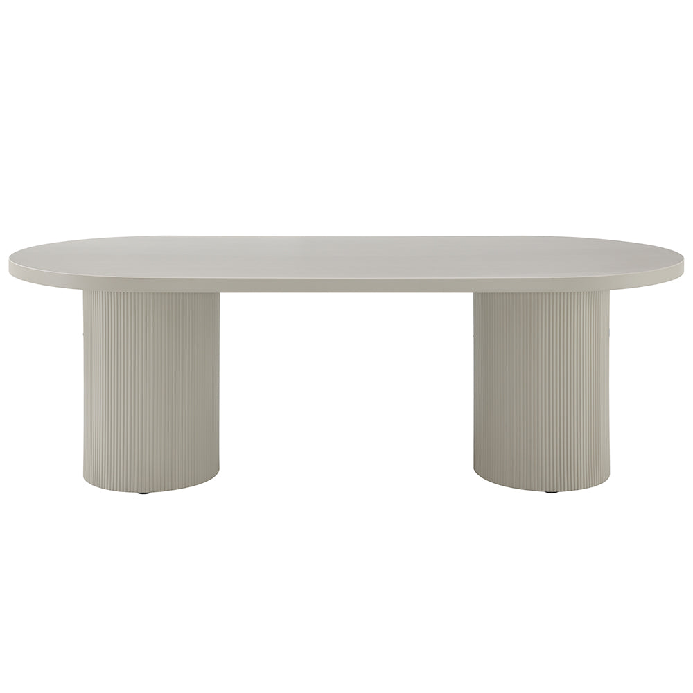 Laela Oval Double Pedestal Dining Table & Boucle Side Chairs in Bone White & Slate Blue