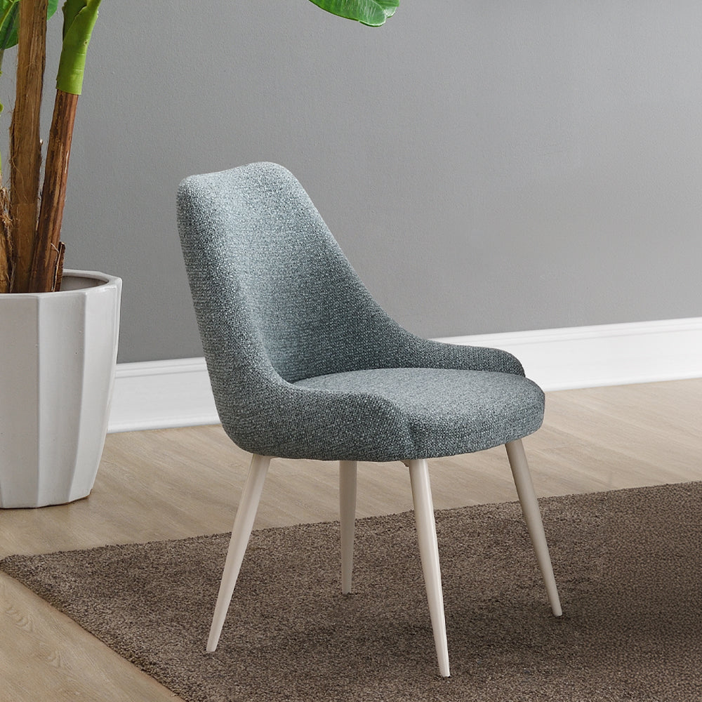 Laela Oval Double Pedestal Dining Table & Boucle Side Chairs in Bone White & Slate Blue