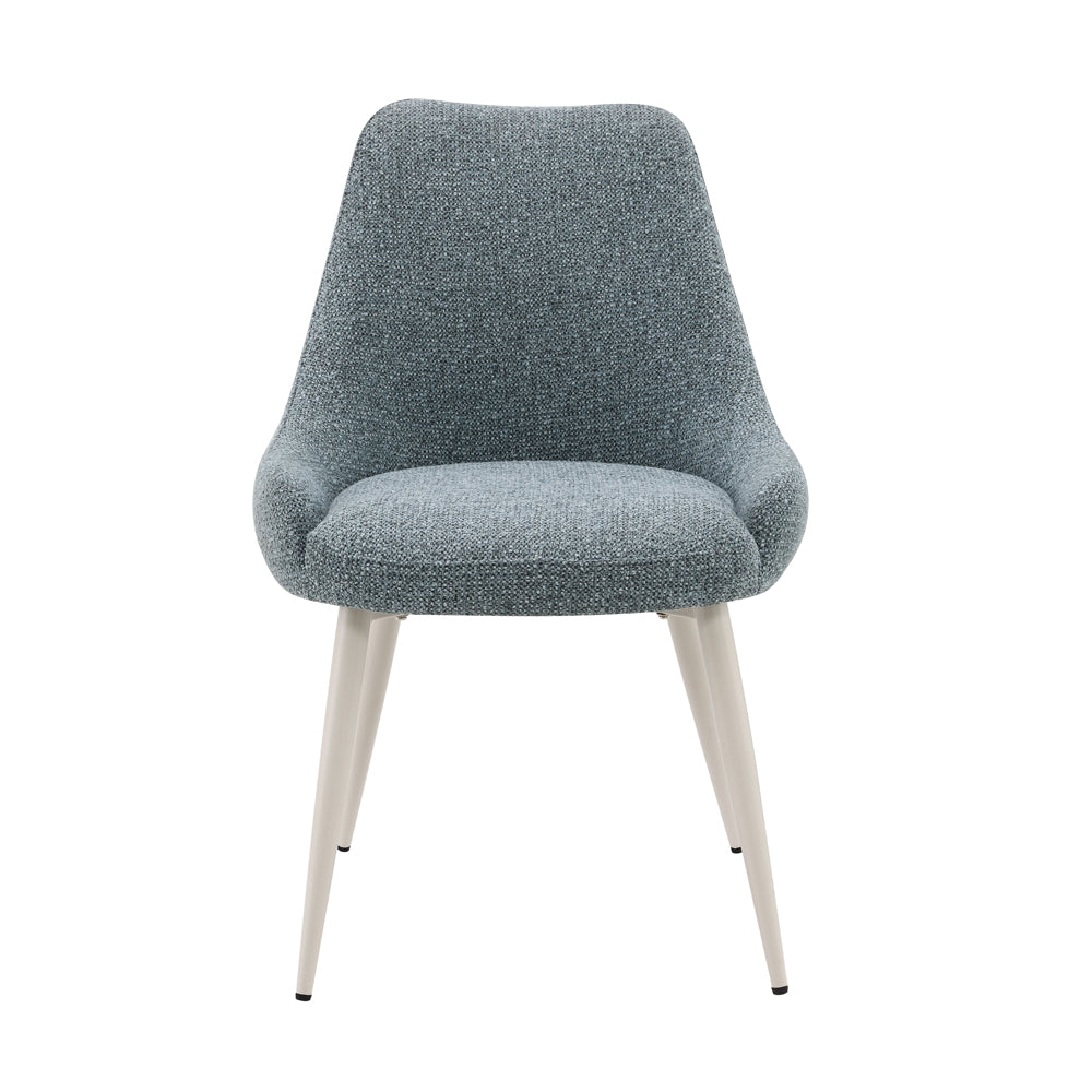Laela Oval Double Pedestal Dining Table & Boucle Side Chairs in Bone White & Slate Blue