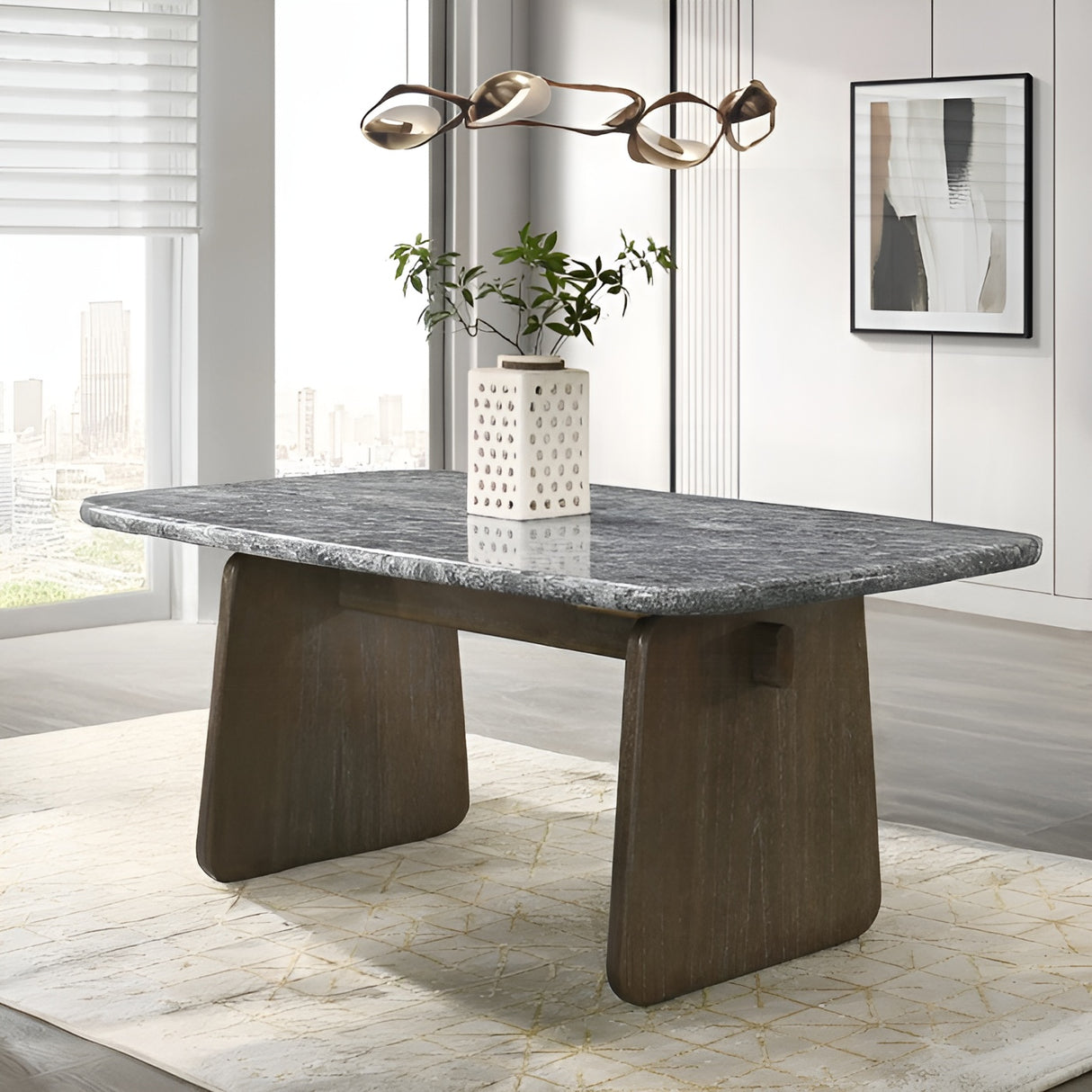 Dillon 7-Piece Dining Set with Natural Marble Table and Gray Chenille Chairs