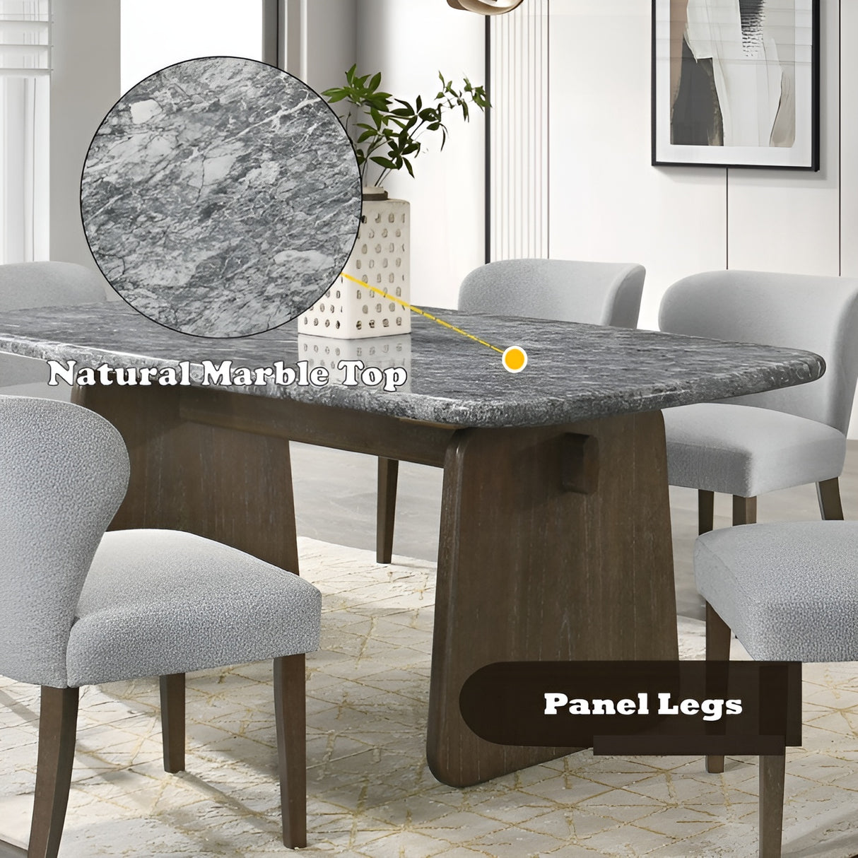 Dillon 7-Piece Dining Set with Natural Marble Table and Gray Chenille Chairs