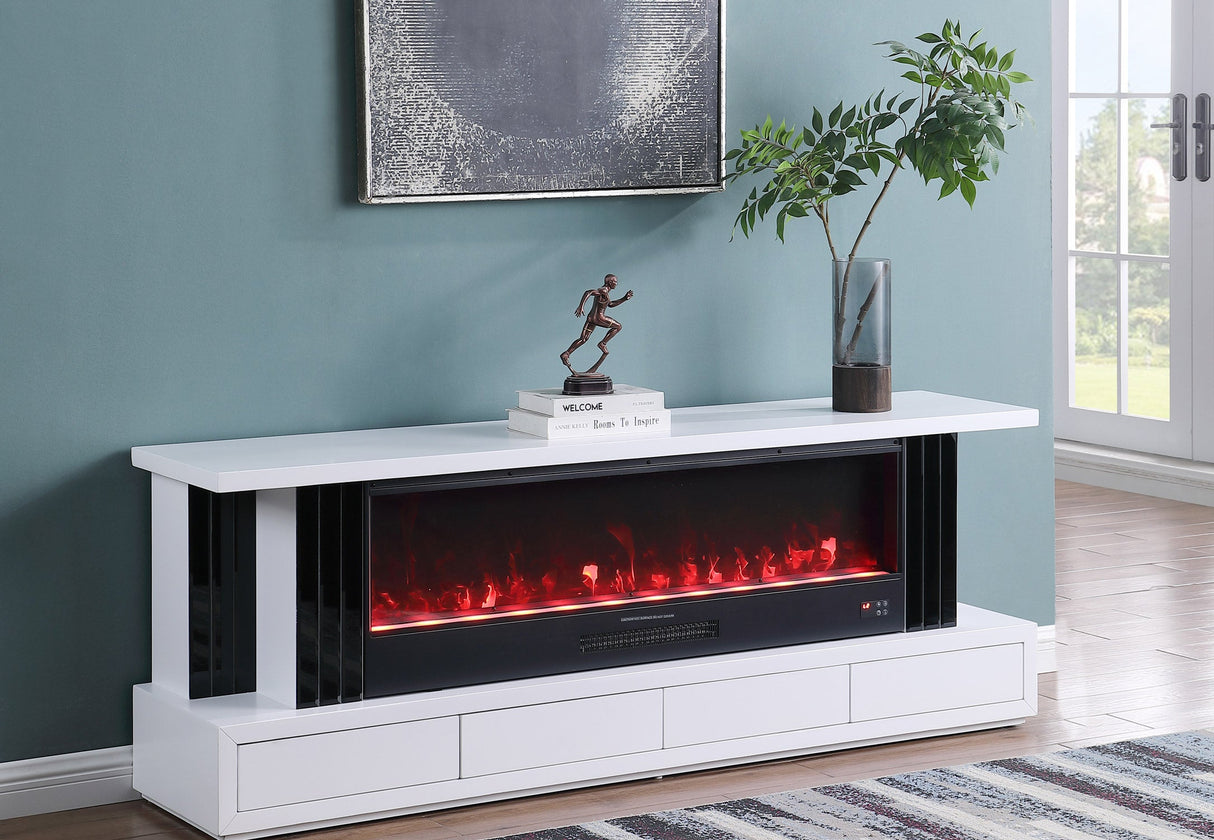 Contemporary matte finish media console featuring an integrated electric fireplace insert.
